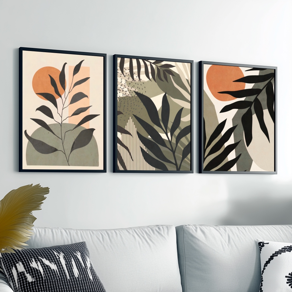 Trio Quadros Decorativos Moldura Madeira Folhagem Abstrata