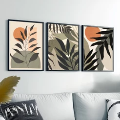 Trio Quadros Decorativos Moldura Madeira Folhagem Abstrata