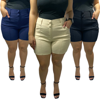 Short Plus Size Feminino Bengaline Social Com Botão Alfaiataria Cintura Alta 42 ao 52 em Oferta na Shopee