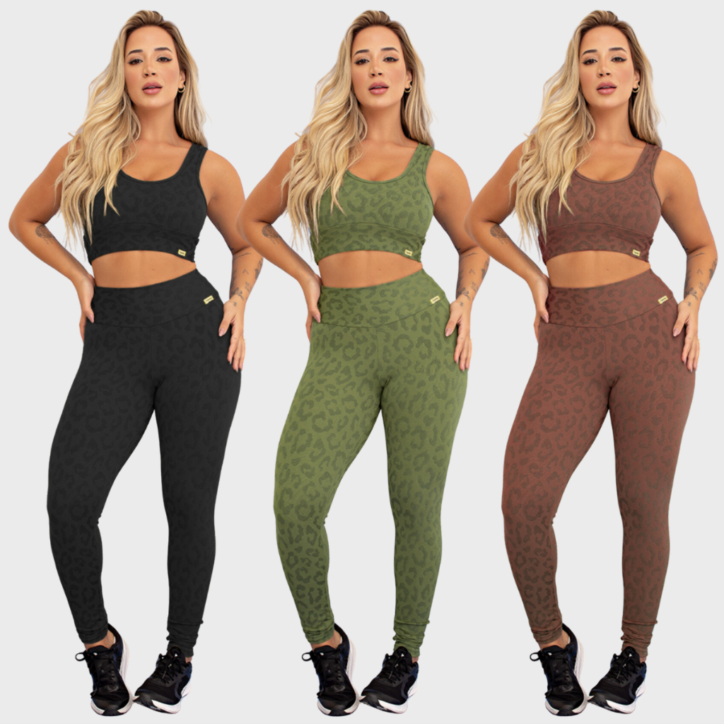 Conjunto Fitness Feminino Poliamida Textura Onça Top Calça Tarelles