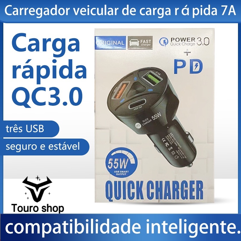 Carregador Veicular Carro Turbo Universal 3 Portas Usb 1 Porta 3.0 Quick Charger em Oferta na Shopee