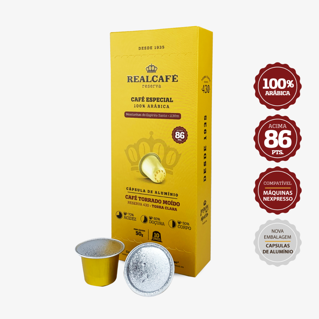 10un Cápsulas · Café Especial Realcafé Reserva 430 · Compatível Nespresso · Torra Clara · Pontuação 86,00