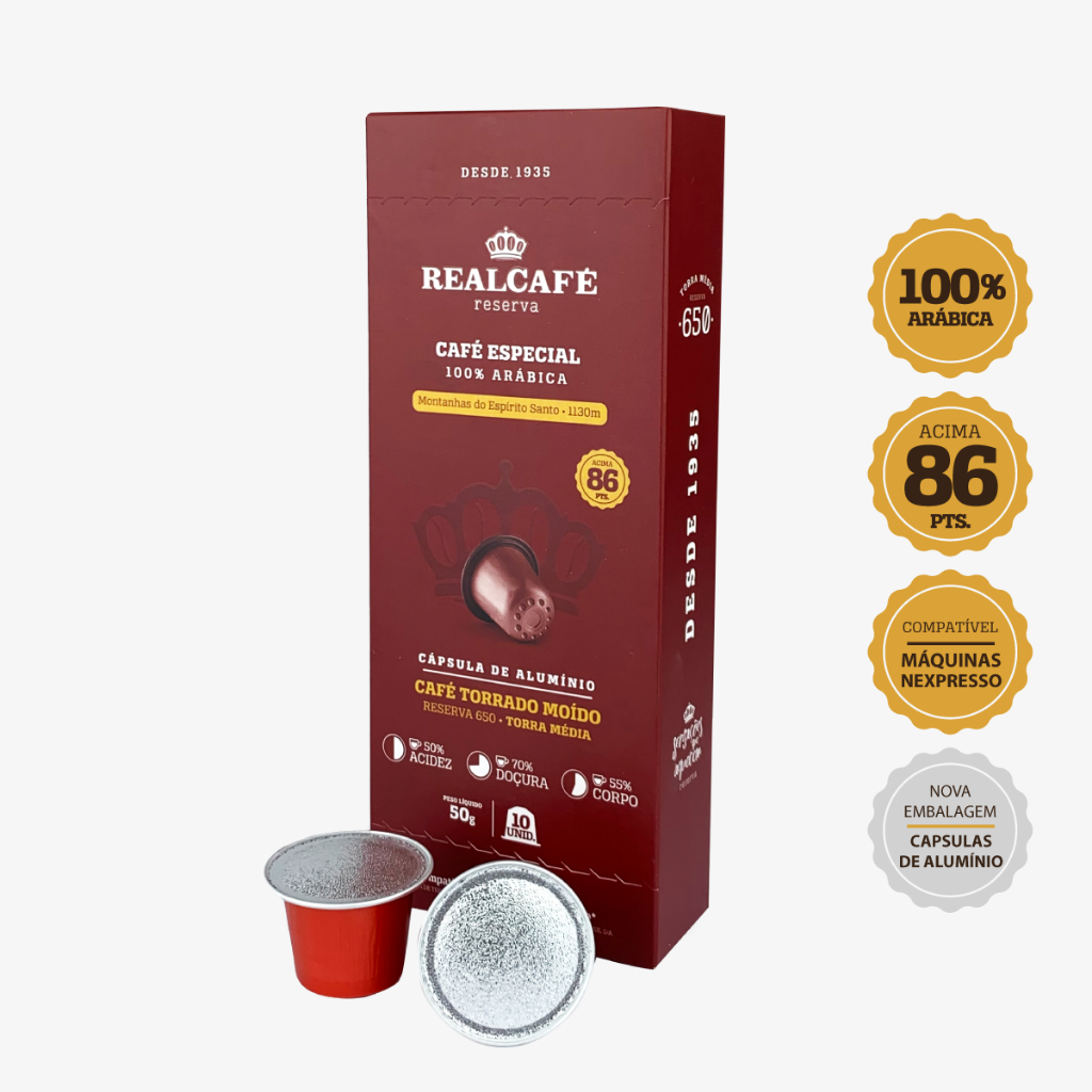 10un Cápsulas · Café Especial Realcafé Reserva · Compatível Nespresso · Torra Média · Pontuação 86,00