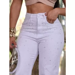 Calça branca com brilhos wide leg pantalona cintura alta feminina