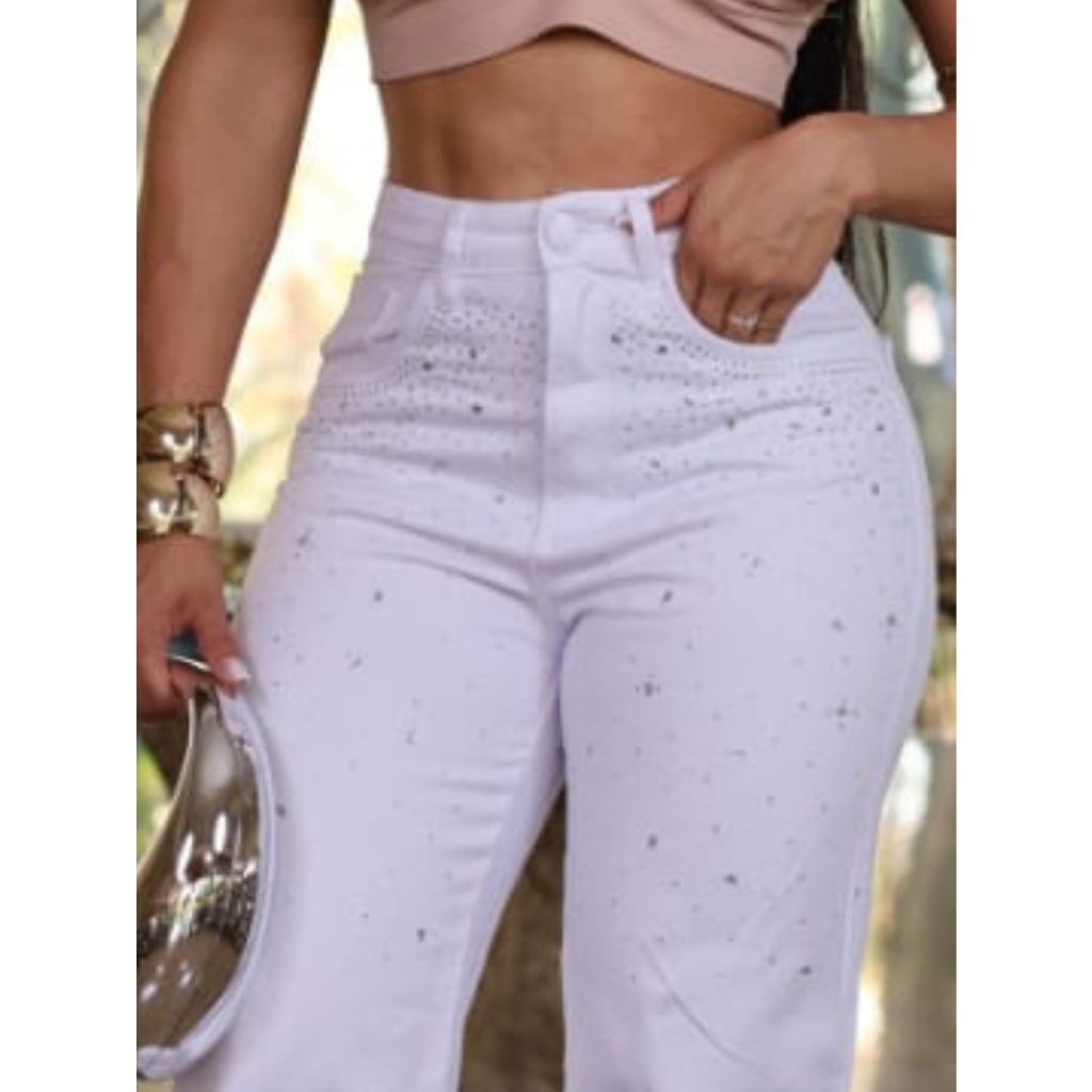 Calça branca com brilhos wide leg cintura alta feminina em Oferta na Shopee