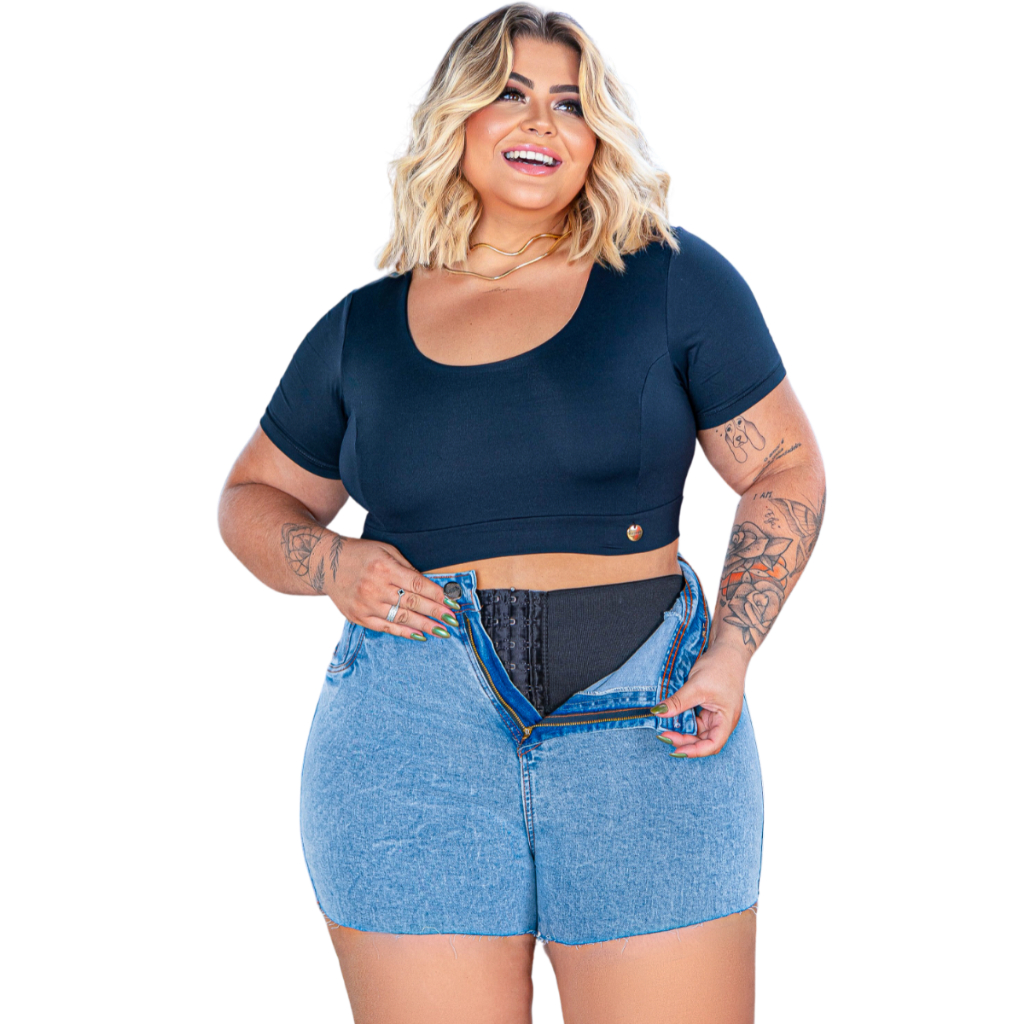 Short Feminino Jeans Marmorizado Sem Barra Confortável Com Lycra e Cinta Tecido Premium