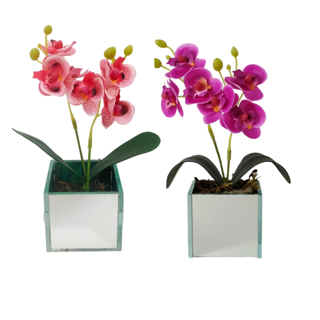 Arranjo de Orquídea Artificial Com Vaso de Vidro Espelhado