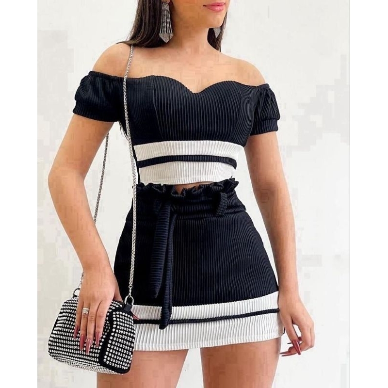 Conjunto Feminino Casual Conjuntos Short Saia e Cropped Conjunto Canelado Colado Conjunto canelado 3D Bicolor