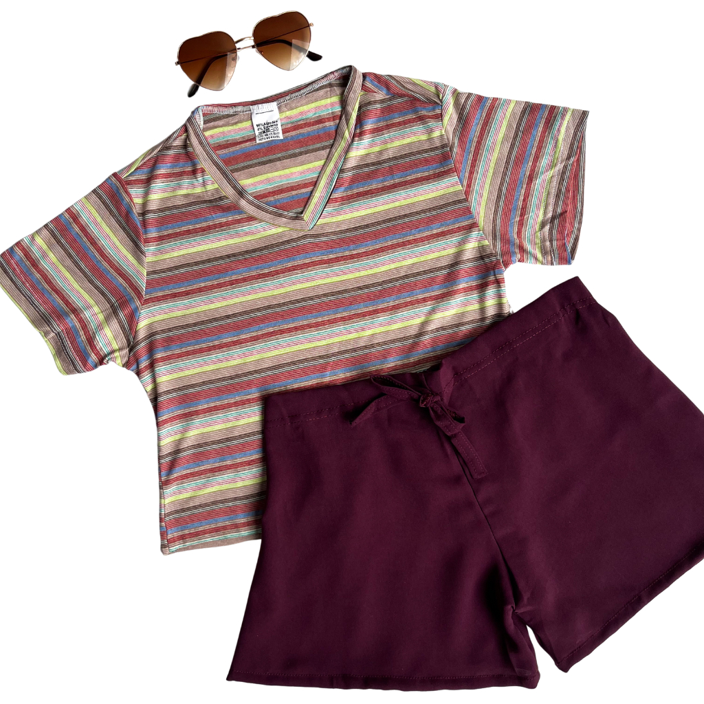 Conjunto Listrado Infantil Juvenil menina blusa e short verão roupa para criança confortavel casual