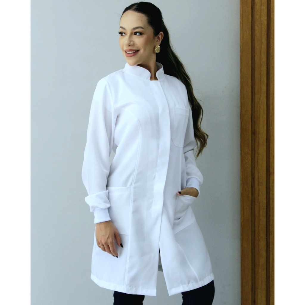 Jaleco Feminino Oxford Branco, Botão Embutido, Gola Padre, Elástico Punho - Oxford