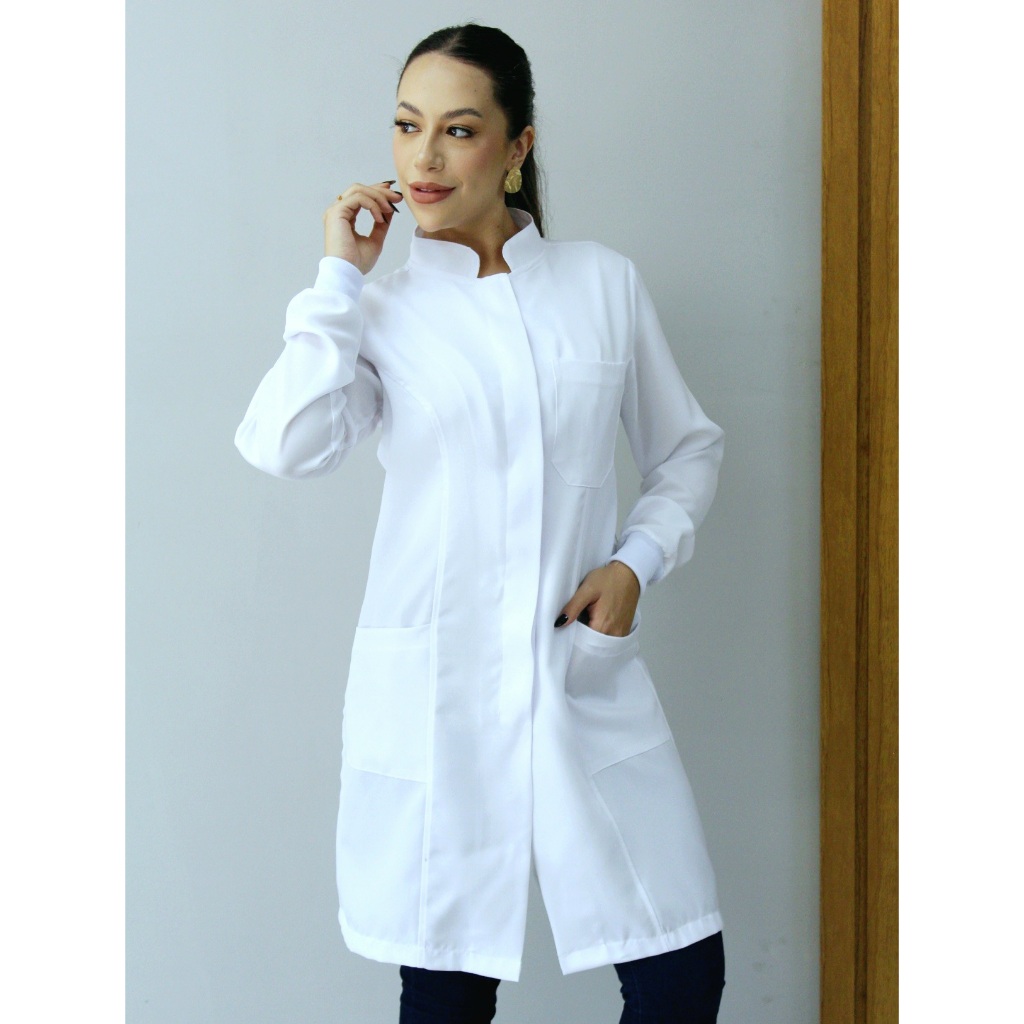 Jaleco Feminino Oxford Branco, Botão Embutido, Gola Padre, Elástico Punho Manga Longa- Oxford