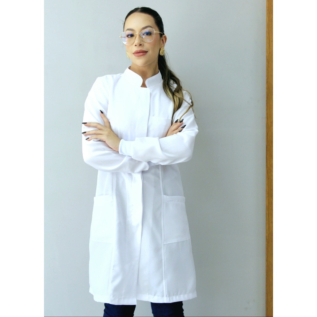 Jaleco Feminino Oxford Branco, Botão Embutido, Gola Padre, Com Punho, Acinturado, Manga Longa