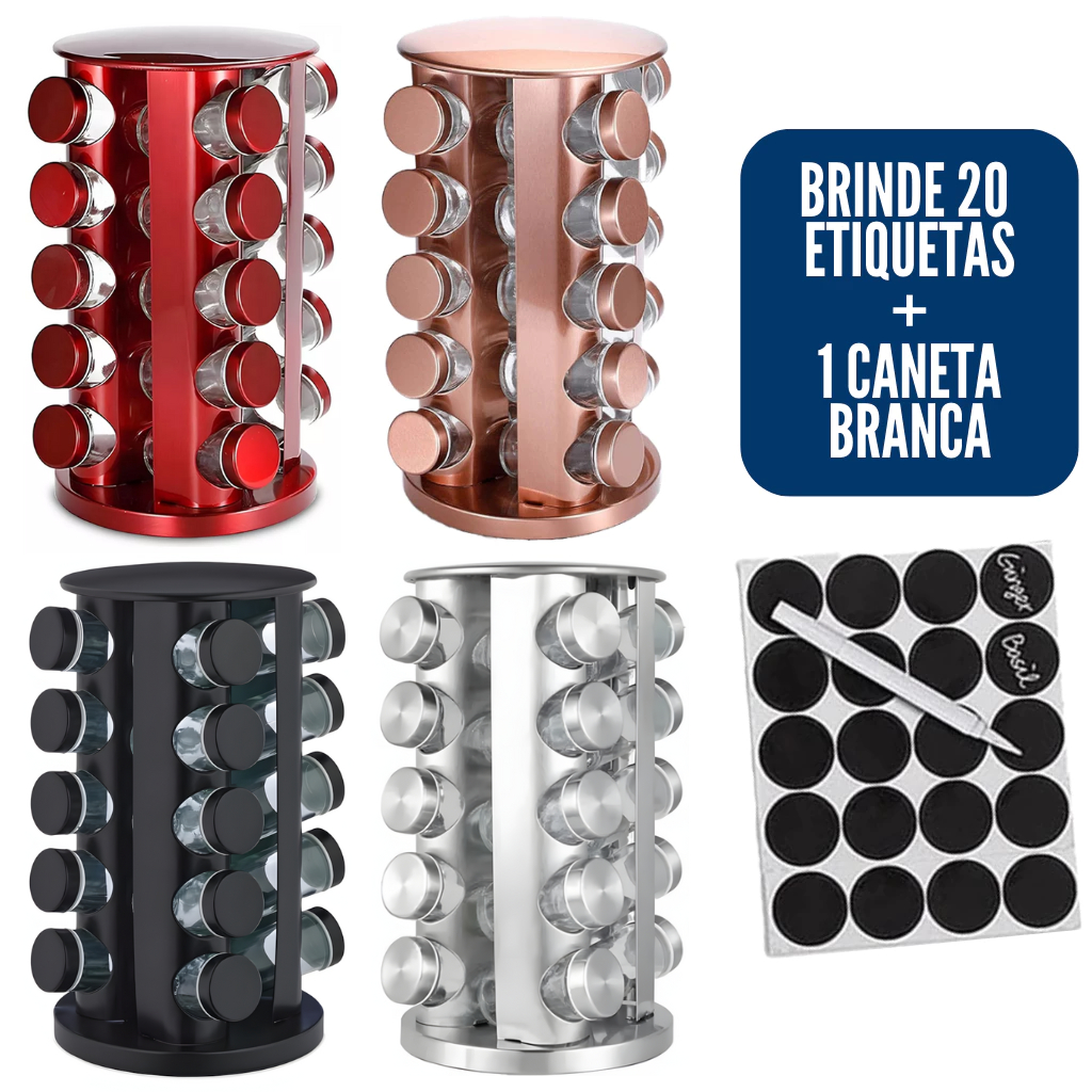 Porta Temperos Condimento Giratório Inox 20 Potes Acompanha 20 Etiquetas + 1 Caneta Branca