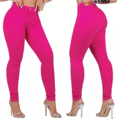 Calça Feminina Sarja Colorida Rosa Pink Modelagem Empina Bumbum Com Elastano