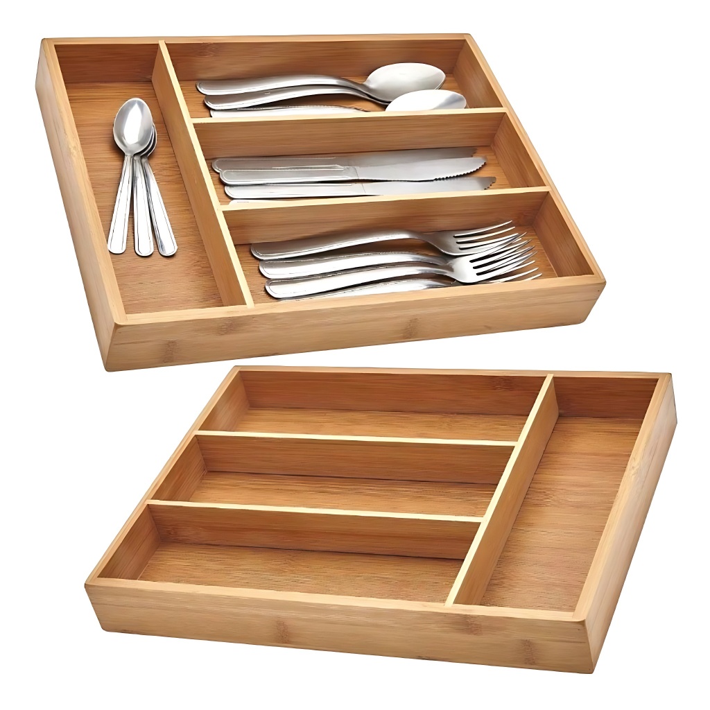 Porta Talheres Bambu Organizador 4 Divisórias Para Gaveta Divisor Madeira Bambu Cozinha Mu...
