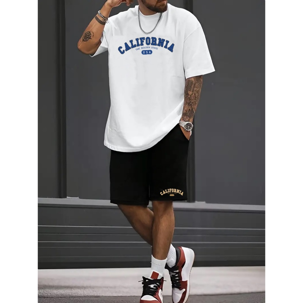 Kit Camiseta + Bermuda Moletom Estampado California Blue Conjunto Masculino Camisa + Short