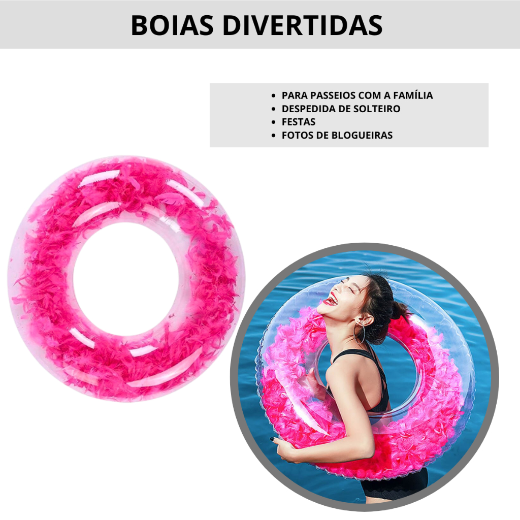 Bóia para piscina Transparente com Pena de Ganso Rosa 60CM de diâmetro