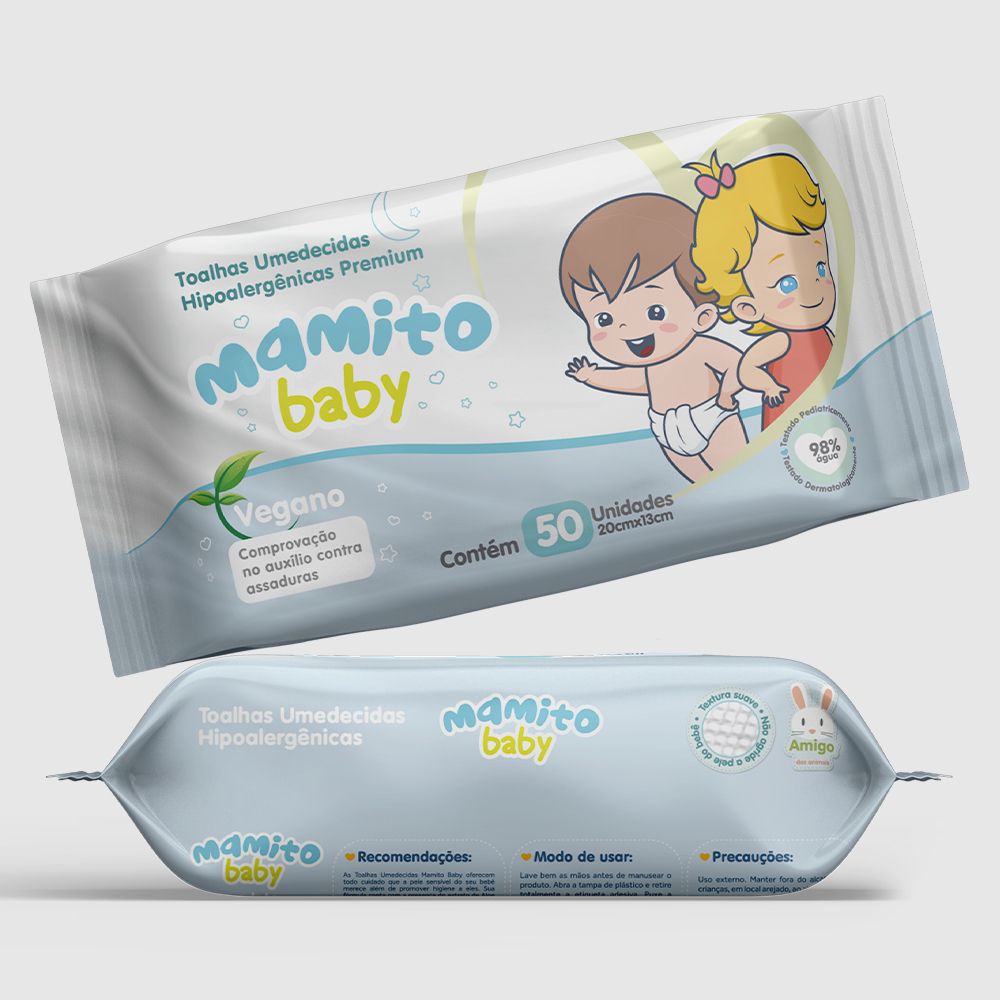 Kit com 03 Pacotes de Toalhas Umedecidas Mamito Baby - 50 Folhas Vegano 98% Água Lenço Umedecido