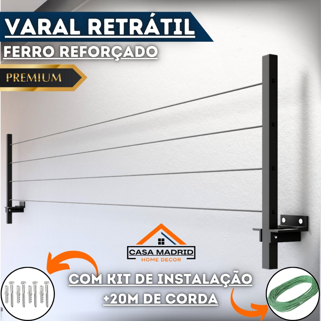 Varal Retrátil De Parede Dobrável Premium Ferro Resistente com Kit Instalação + 20 Metros de Corda em Oferta na Shopee
