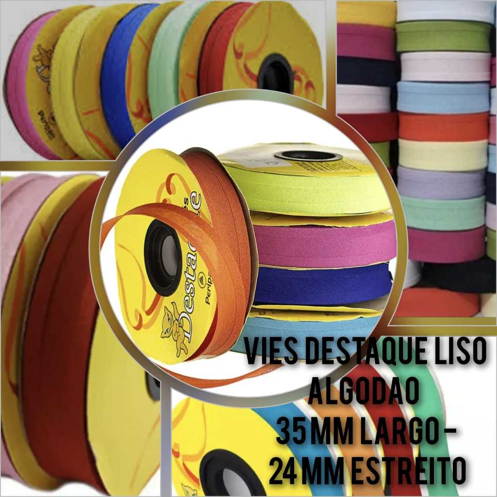 Viés Destaque liso (peça de 5 metros) de Algodão 35mm Largo - 24mm Estreito (unidades de 5 metros).