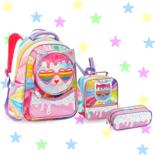 Mochila Infantil Menina Escolar Gatinha Holográfica com Orelhas 3D Bolsa Feminina Kit Lancheira Térm