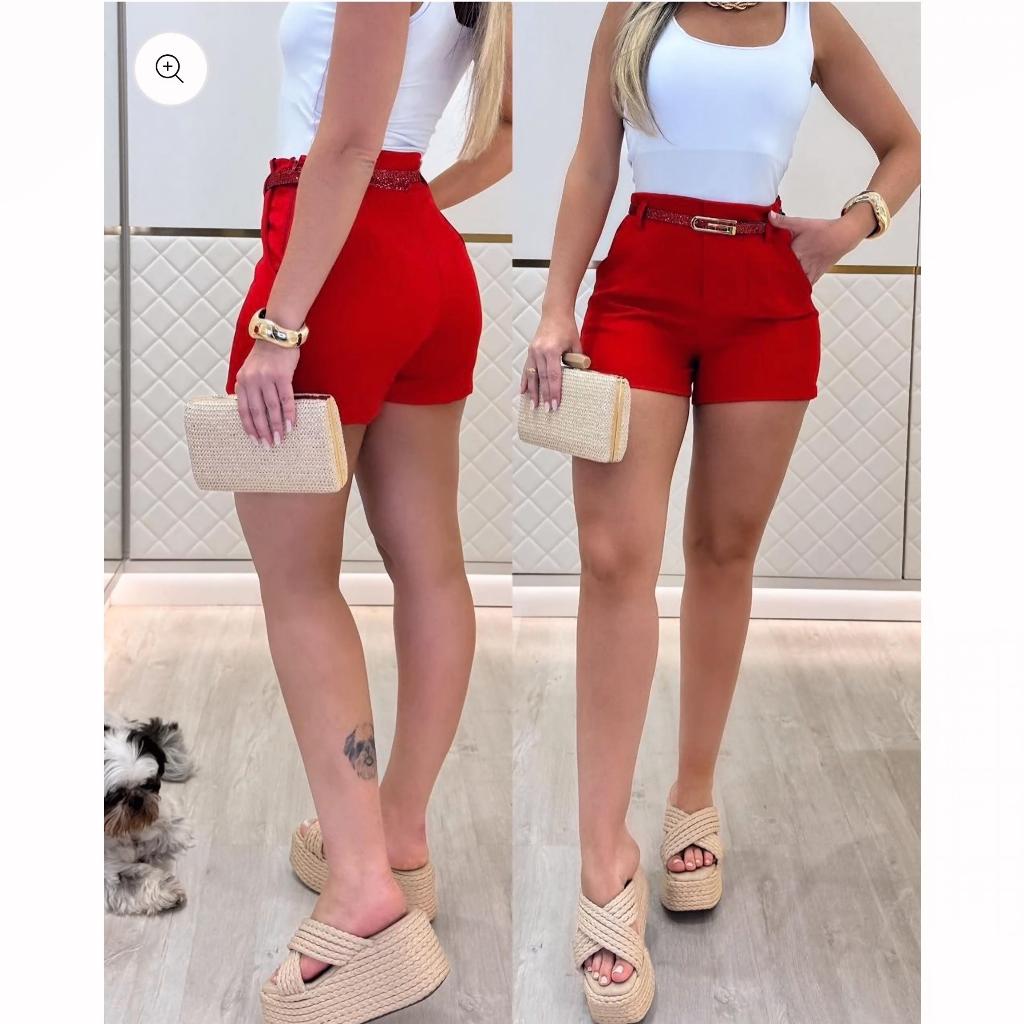 Short Feminino Alfaiataria Zara Com Cinto Brilhante Brilho Cintura Alta Ziper Na Lateral Social