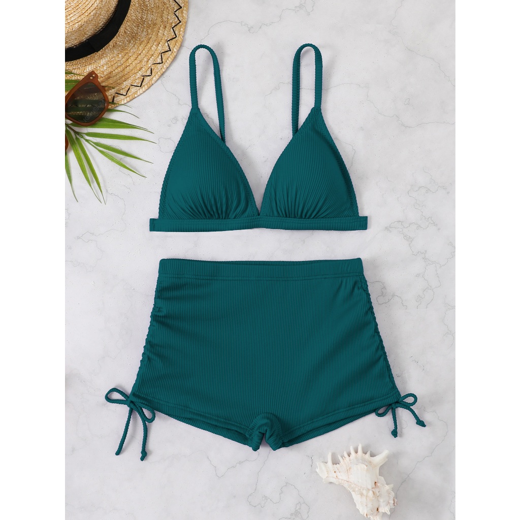 RWX VEST Conjunto de Biquíni Canelado com Top Amarrável e Short Ajustável XX512