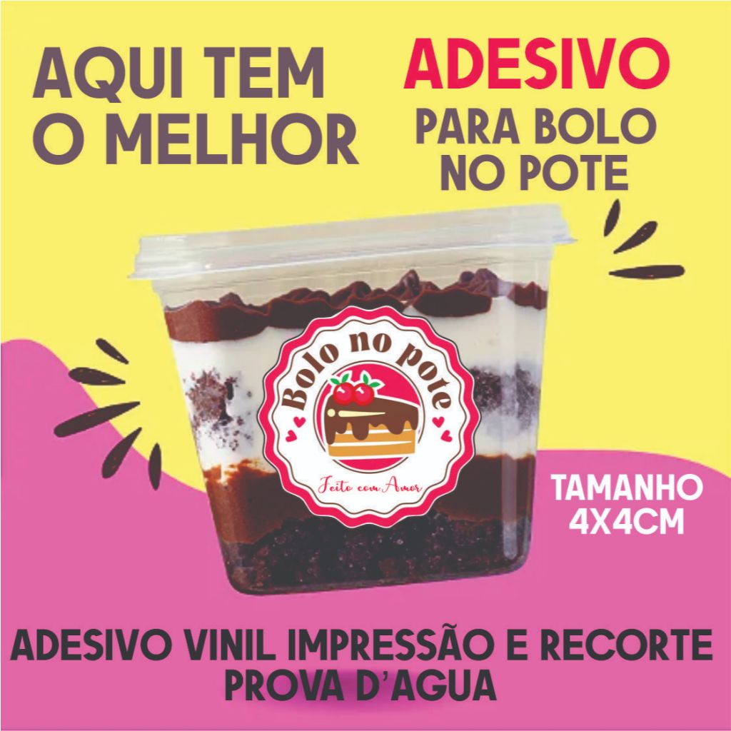 KIT 100 ADESIVO VINIL BOLO NO POTE 4X4CM IMPRESSÃO E RECORTE