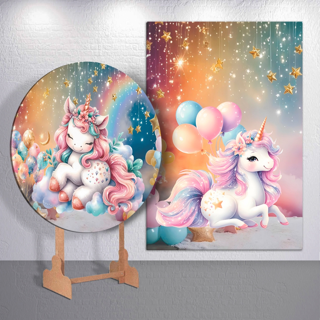 Decoração Infantil Unicórnio Mágico Arco-Íris, Capas de Painel, Kits ou Peças Avulsas Festa Colorida