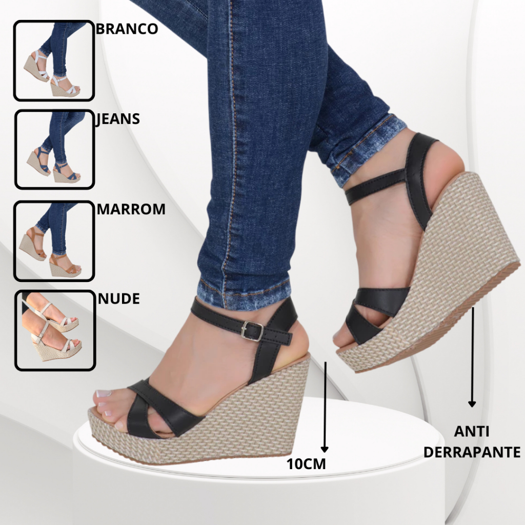 Sandália Feminina Anabela Salto Alto Feminino Tamanco Anti Derrapante Plataforma 10cm Confortável Para Qualquer Ocasião