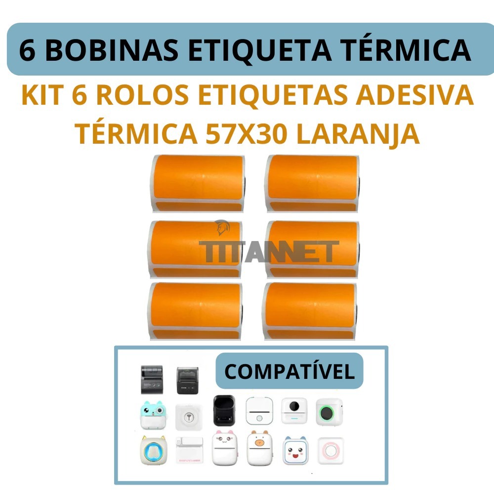 Etiqueta Adesiva Laranja P/ Mini Impressora Gato - 6 Rolos