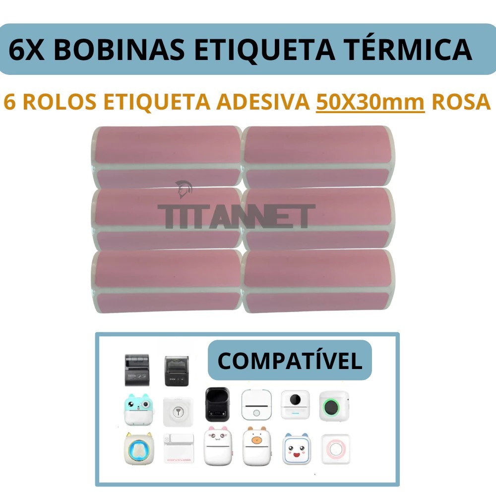 Etiqueta Adesiva cor Rosa P/ Mini Impressora Gato - 6 Rolos