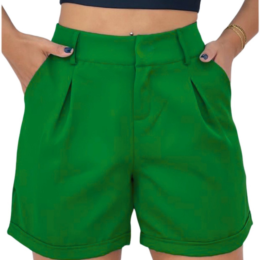 Shorts Bermuda Alfaiataria Feminino Social Meis Coxa Cintura Alta Com Bolso Cor Verde
