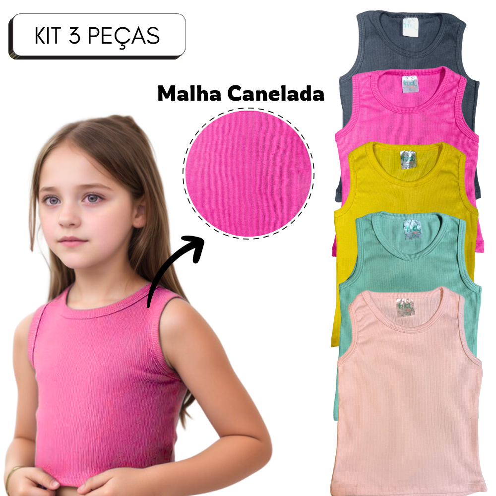 Kit 3 Camisetas Regata Canelado Feminino Infantil Menina de Algodão Tamanho 1 2 3 4 6 8 10