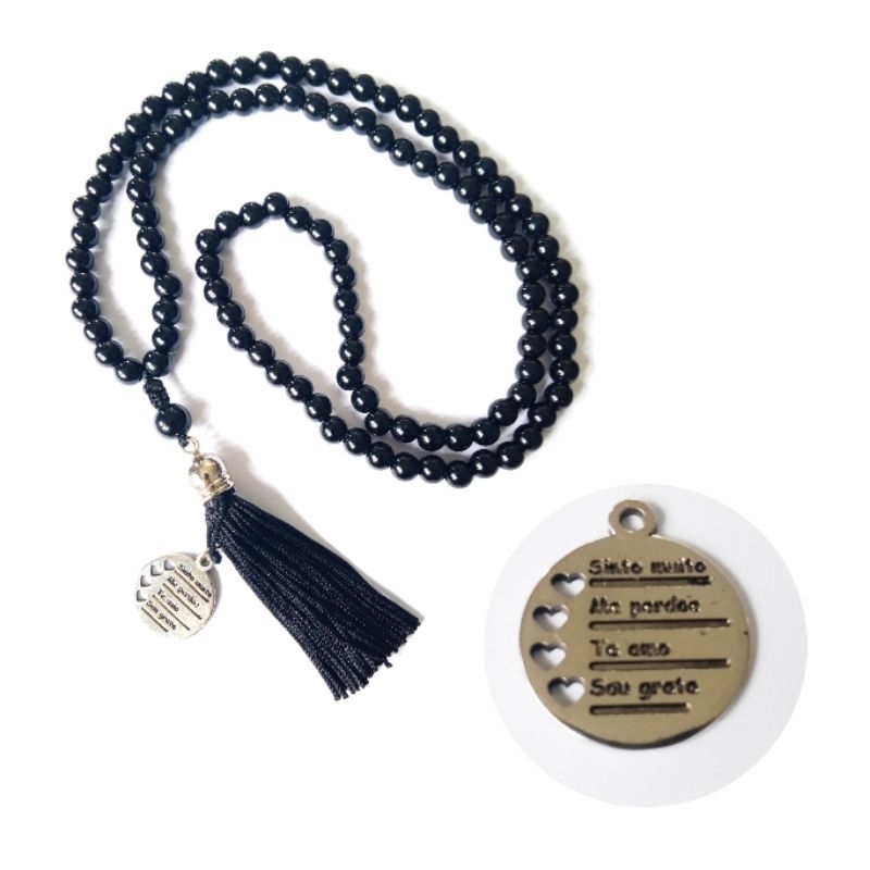 Imagem Japamala 108 Contas Pérola Negra (Plástico) Pingente 4 Corações do Sinto Muito Rosário Budista Ref:355