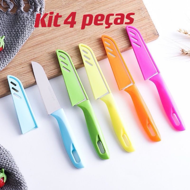 kit 4 peças de Faca Colorida de Aço Inox Para Cortar Legumes Faquinha De Cozinha com Capa protetora de lâmina Cortar
