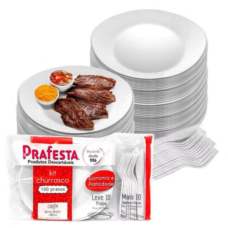 20conj Kit Churrasco Descartável Reforçado E Resistente Prato/Faca/Garfo
