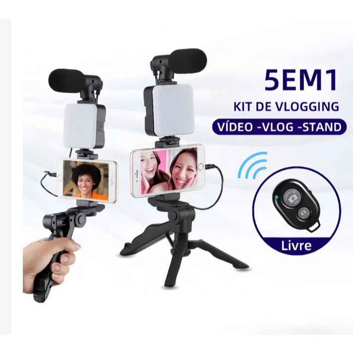 Tripé Estabilizador de Mão kit 5 em 1 gimbal Microfone Celular Gravação De Vídeo