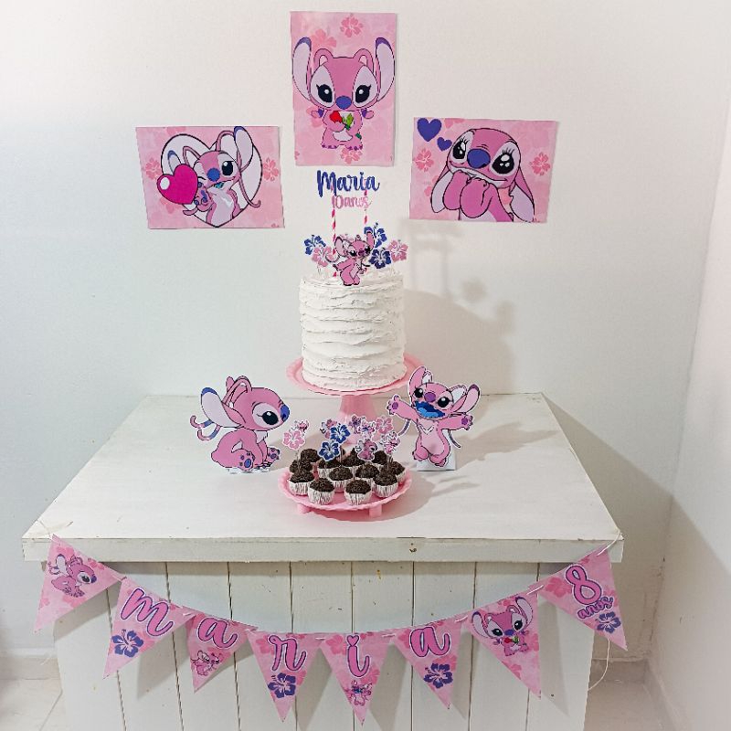 Kit Festa Lilo Stitch Angel rosa Personalizado Só Um Bolinho Festa em Casa Aniversário Infantil adulto Mesversário