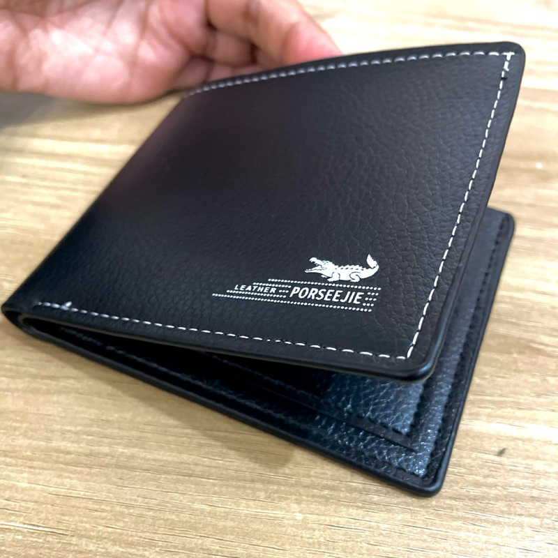 Carteira masculina Slim básica grande em couro Pu preto