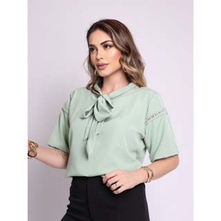 Smile Fashion    blusa feminina social manga curta com laco tamanho grande tecido crepe em Oferta na Shopee