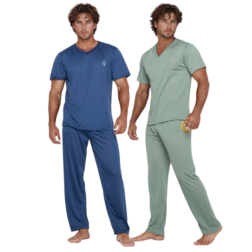 Kit 2 Pijama Masculino Manga Curta e Calça Longa Adulto Roupa de Homem Dormir Meia Estação pos cirurgico conjunto Vô Pai