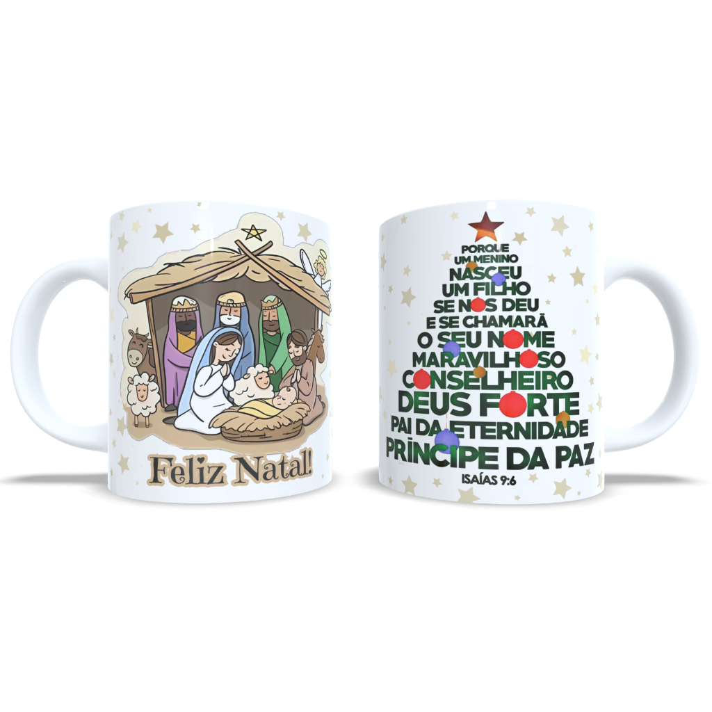 Caneca Xícara Personalizada Porcelana Feliz Natal Presépio - Isaías 9:6