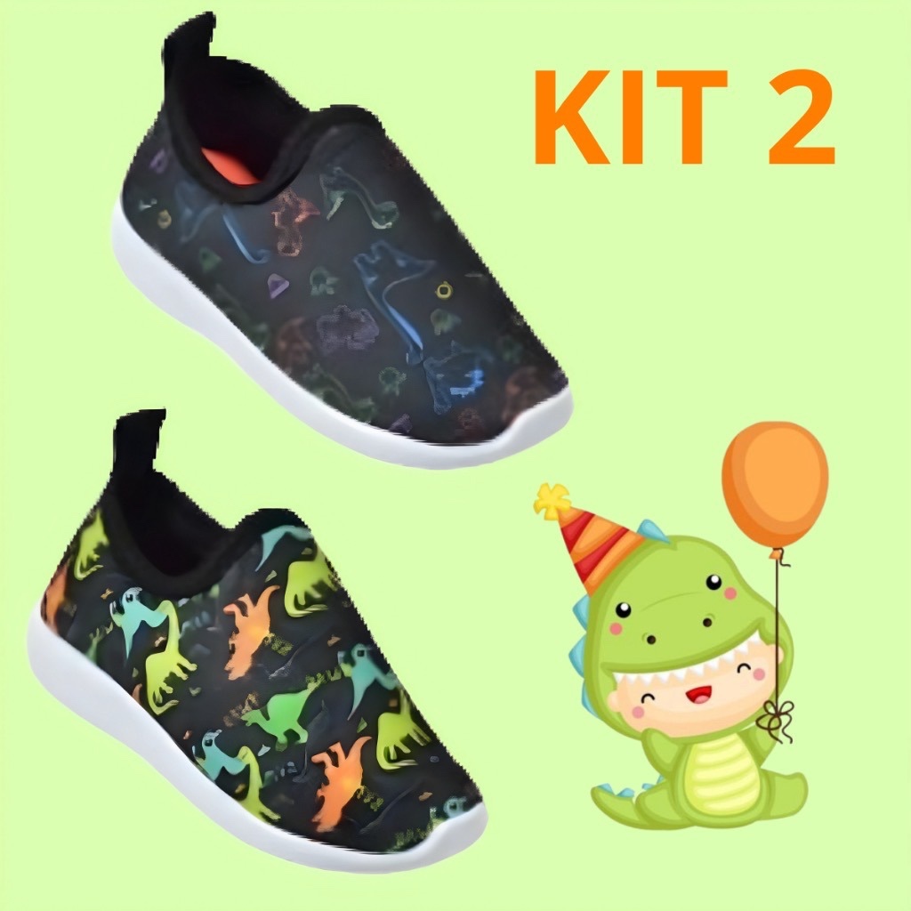 Kit 2 Tênis Infantil Feminino Calce Fácil Bebê Criança Lançamento Promoção dinossauros