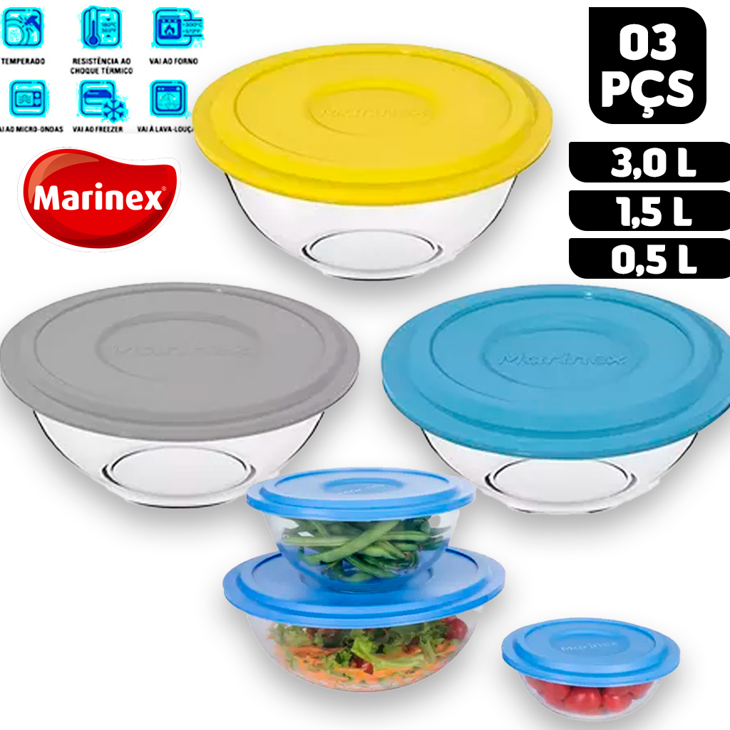Conjunto de Tigelas Astral Plus Com Tampa Sortida Vidro Temperado Marinex Bowl Saladeira Kit Cozinha
