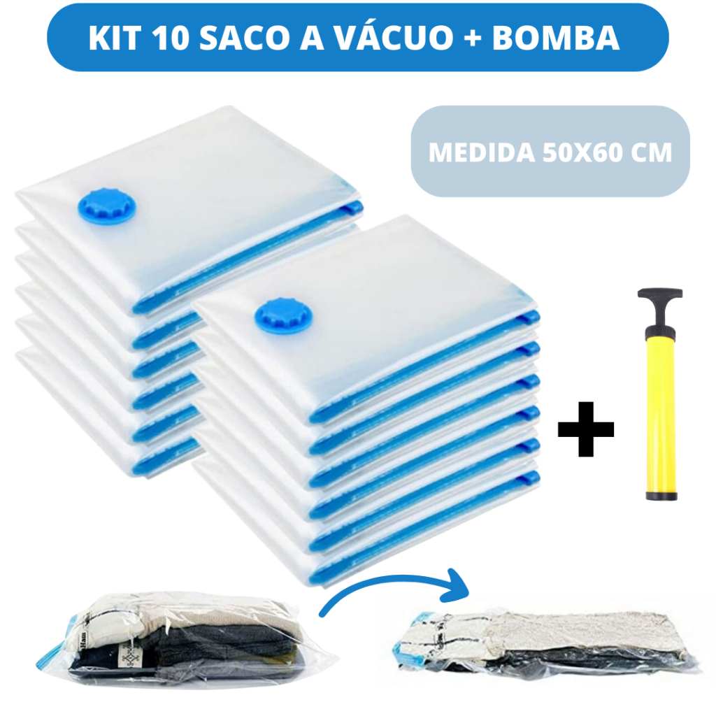 Kit 10 Saco a Vácuo 50x60 + Bomba Manual Organização de Roupas Mala Viagem Guarda Roupas