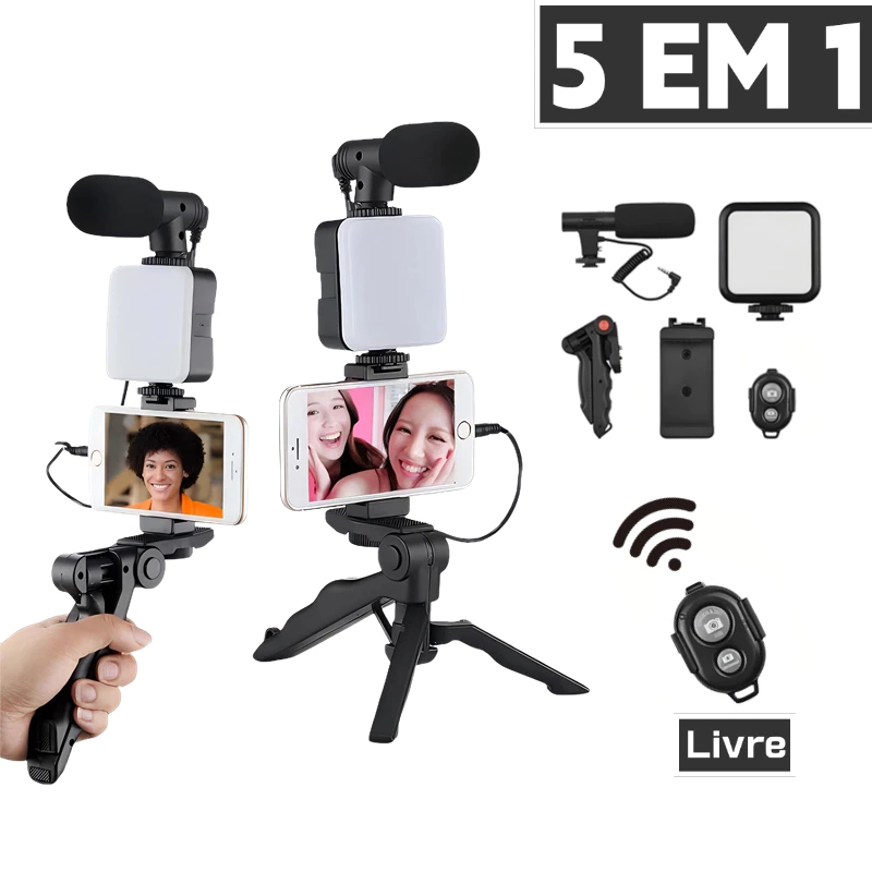 Tripé Estabilizador de Mão kit 5 em 1 gimbal Microfone Celular Gravação De Vídeo cabeça suporte