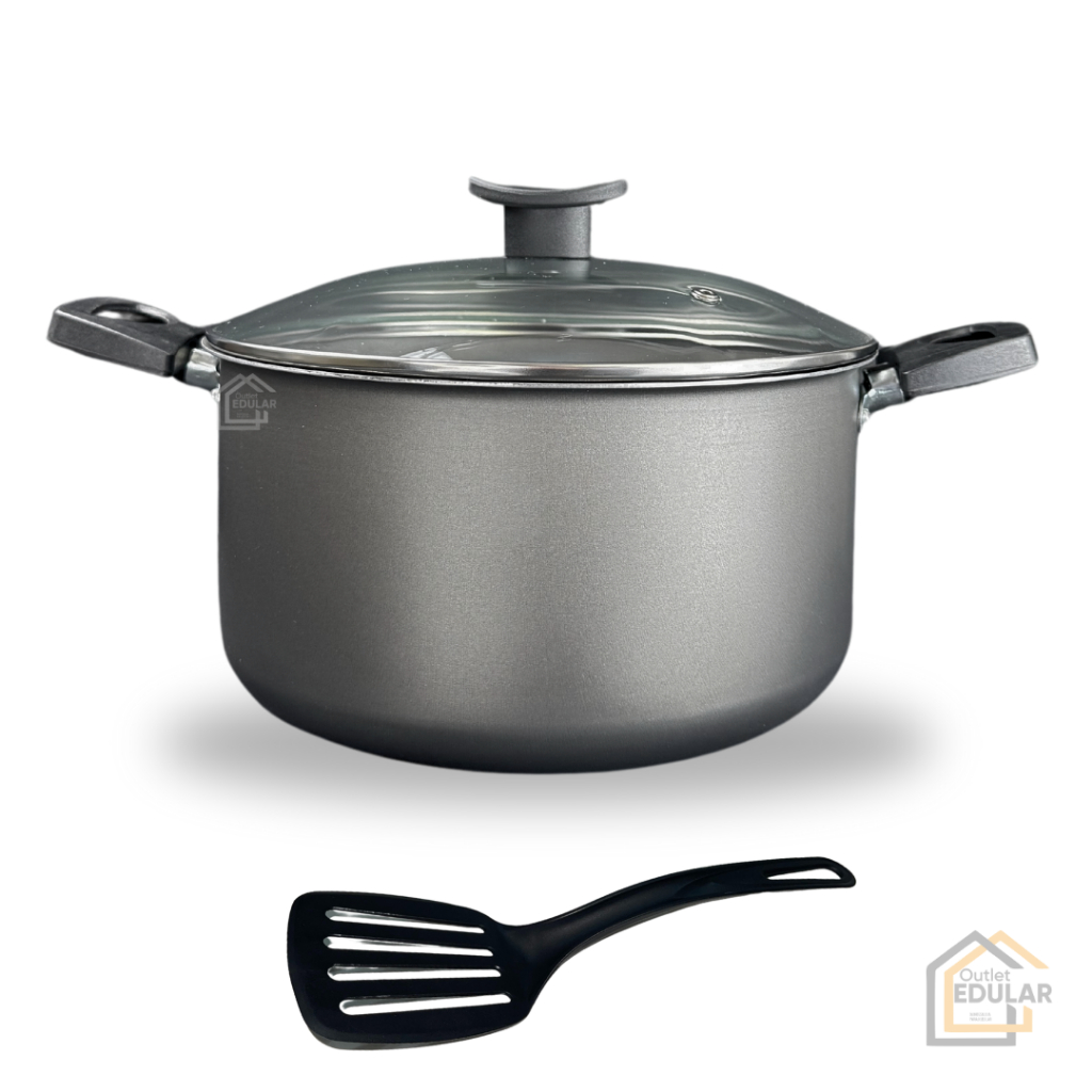 Caldeirão 22 cm Grande Antiaderente 5 Camadas de Teflon Tampa de Vidro e Espátula Nylon Cor Grafite