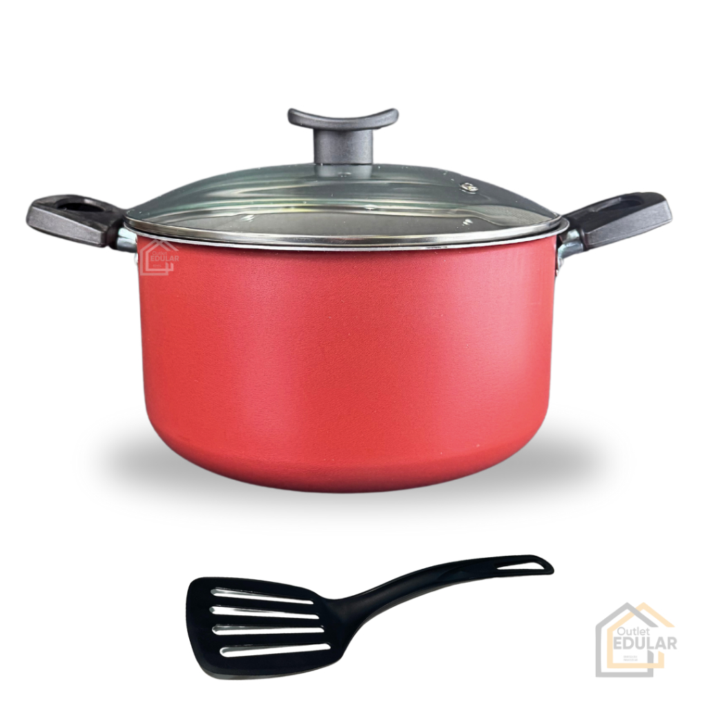 Caldeirão 22 cm Grande Antiaderente 5 Camadas de Teflon Tampa de Vidro e Espátula Nylon Cor Vermelho