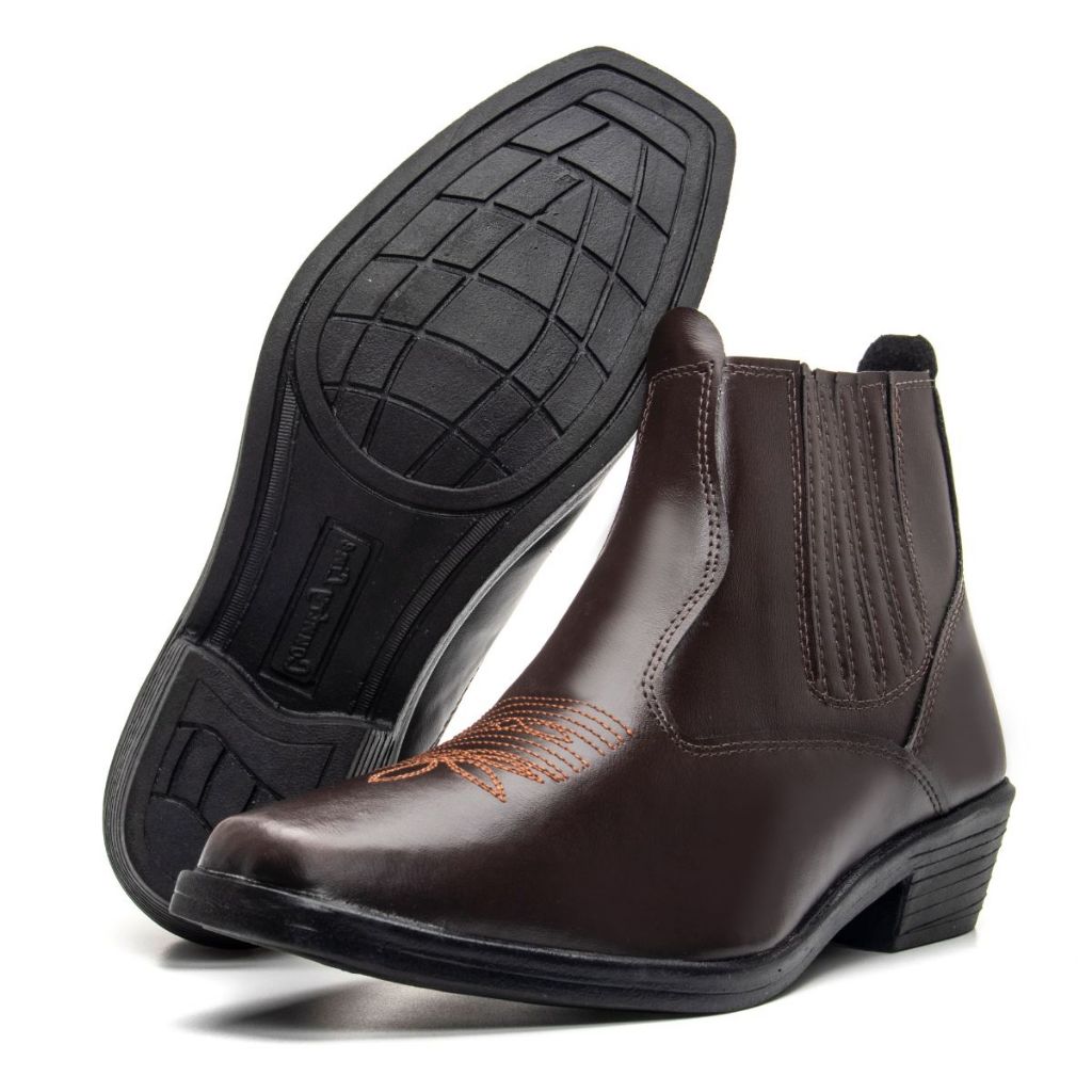Bota Masculina Botina Texana Country Bico Quadrado Couro Legítimo Cano Curto